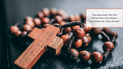 Brown wooden rosary beads backgrounds with a cross, resting on a dark surface and a quote about faith.