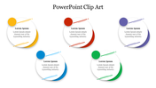 Five circular clip art designs in yellow, red, blue, green, and purple with placeholder text inside.