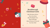 Christmas greeting card design with a snowman, ornaments, candy cane, and gift on a red and beige split background.