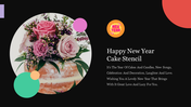 New Year themed slide with a floral cake colorful decorative circles, and a festive message on a black background.