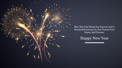 Golden fireworks illuminate on a dark backdrop with a new year greeting in white text on the right.