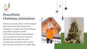 Christmas themed slide with title and text  and two images showing a woman in winterwear and a decorated Christmas tree.