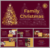 Festive Christmas PPT slides featuring a golden tree design and sections on traditions, recipes, and family celebrations.