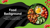 Cool Food Backgrounds with green-black waves, food bowl of egg, chicken, cucumbers, tomatoes, text holder, and title area.
