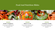 Green header over an image of colorful vegetables, with three text sections at the bottom, focusing on health and nutrition.
