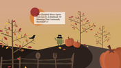 Thanksgiving scene with a quote, pumpkins, and a small figure dressed in a pilgrim hat, set against an orange gradient sky.