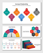 Increase Productivity slides with colorful icons, tips, and charts showing workplace strategies and digital tool usage.