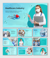 Healthcare Industry slides show doctors, tech, sectors, global impact, challenges, and policy roles.