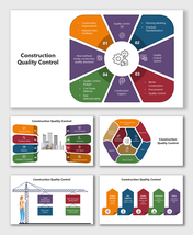 Construction Quality Control diagram showing steps, roles, materials, inspections, and quality systems with icons.