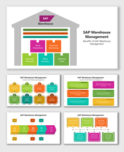 SAP Warehouse Management slides use warehouse icon, colorful boxes, arrows, flow shapes to explain benefits, features, steps.