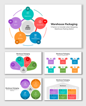 Warehouse Packaging slides use colorful circles, shapes, icons, and boxes to explain packing factors, roles, options.