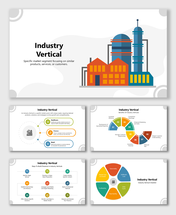 Industry Vertical slide with factory icon, sector types, benefits, and colorful shapes showing business strategy.
