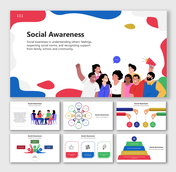 Social Awareness slides with diverse group illustration, colorful charts, and visuals explaining empathy and benefits.