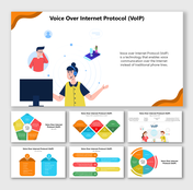 Voice over Internet Protocol (VoIP) slides with user illustrations, device icons, colorful charts, and pros-cons comparison.