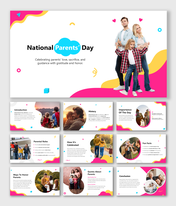National Parents' Day slides with family photos, pink-yellow shapes, and sections on roles, history, and celebration ideas.
