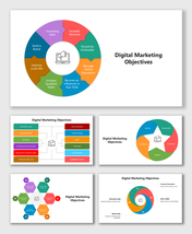 Digital Marketing Objectives slides with vibrant shapes, icons, and goals like lead generation, sales, and awareness.