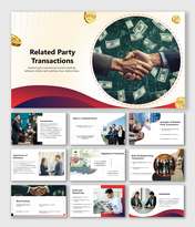 Alt: Related Party Transactions infographic slide showing entity icons, relationship arrows, and labeled sections for compliance and risk.