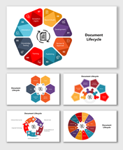 Document Lifecycle slides with colorful hexagons, circular flow, and stages like creation, review, and publishing.