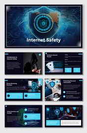 Internet Safety slides with blue designs, icons, and images showing threats, safe browsing, and protection tips.