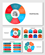 Email Security slides with colorful shapes showing risks, solutions, and Cyber Threats prevention steps.