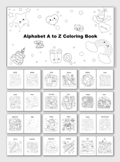 Alphabet A to Z Coloring Book with animals, rainbow, food, shapes, text holders, and fun pages.