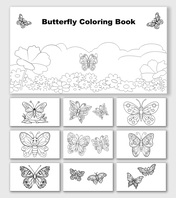 Butterfly Coloring Book with butterflies, flowers, clouds, garden shapes, star patterns, and text holders.