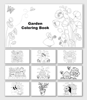 Garden Coloring Book with flowers, plants, butterflies, bees, sun, clouds, garden shapes, huts, and text holders.