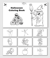 Halloween Coloring Book with witch, pumpkins, ghost, skeleton, skulls, cauldron, scarecrow, crow, and shapes.