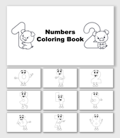 Numbers Coloring Book with cartoon digits 0–8, pigs, smiling faces, arms, legs, shapes, and text holders.