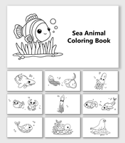 Sea Animal Coloring Book with fish, shark, squid, turtle, crab, seal, whale, stingray, bubbles, and ocean shapes.