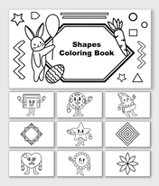 Shapes Coloring Book with circle, square, star, heart, flower, diamond, bunny, balloons, carrot, zigzags, and text.