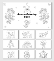 Jumbo Coloring Book with fairy, princess, unicorn, mermaid, castle, clown, carriage, crocodile, monkey, fish, and flowers.