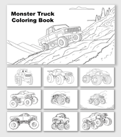 Monster Truck Coloring Book with big trucks, giant wheels, rocky hills, dirt tracks, outdoor scenery, and shape.