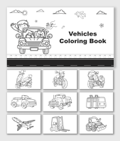 Vehicles Coloring Book with cars, bikes, scooter, truck, train, airplane, forklift, bulldozer, road, clouds, and shapes.