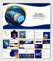 Fiber Optic Communication slides with cable images, system parts, working, pros, cons, uses, shapes, and text.