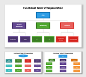Functional Table Of Organization with colorful boxes showing CEO, HR, Marketing, and Finance roles.