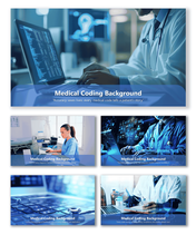 Medical Coding Background with doctors, laptops, stethoscopes, and digital healthcare data visuals.