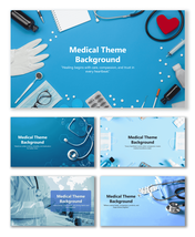 Medical Theme Background with stethoscope, pills, gloves, and blue hospital-inspired clean layout.