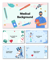 Medical Vector Background with doctor illustration, syringe, pills, and stethoscope on pastel layout.