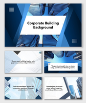 Corporate Building Background with blue skyscrapers, geometric shapes, and modern professional layout.