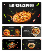 Background Of Fast Food with pizza, burgers, noodles, and spicy herbs on a dark textured layout.