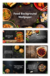 Food Background Wallpaper with colorful dishes, burgers, noodles, and desserts on rustic dark surface.