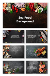 Sea Food Background with fish, shrimp, lobster, and oysters on dark textured surface with herbs and lemon.