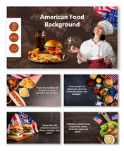 American Food Background with burgers, fries, soda, and chef styled with US flag and rustic table setup.