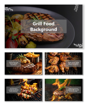Grill Food Background with sizzling steak, grilled veggies, and smoky flames on dark rustic surface.