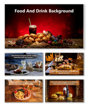 Food And Drink Background with bread, fries, soda, and snacks on a wooden table under warm lighting.