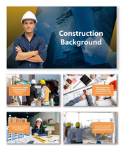 Background For Construction Company with engineers, cranes, blueprints, and skyscrapers in blue-yellow theme.