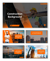 Construction Design Background with cranes, engineers, and buildings in orange-black modern theme.