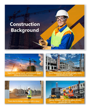Construction Site Background Images with cranes, engineers, and buildings in orange-yellow theme.