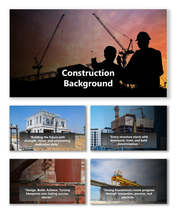 Construction Theme Background with cranes, workers, and buildings under orange sunset sky.